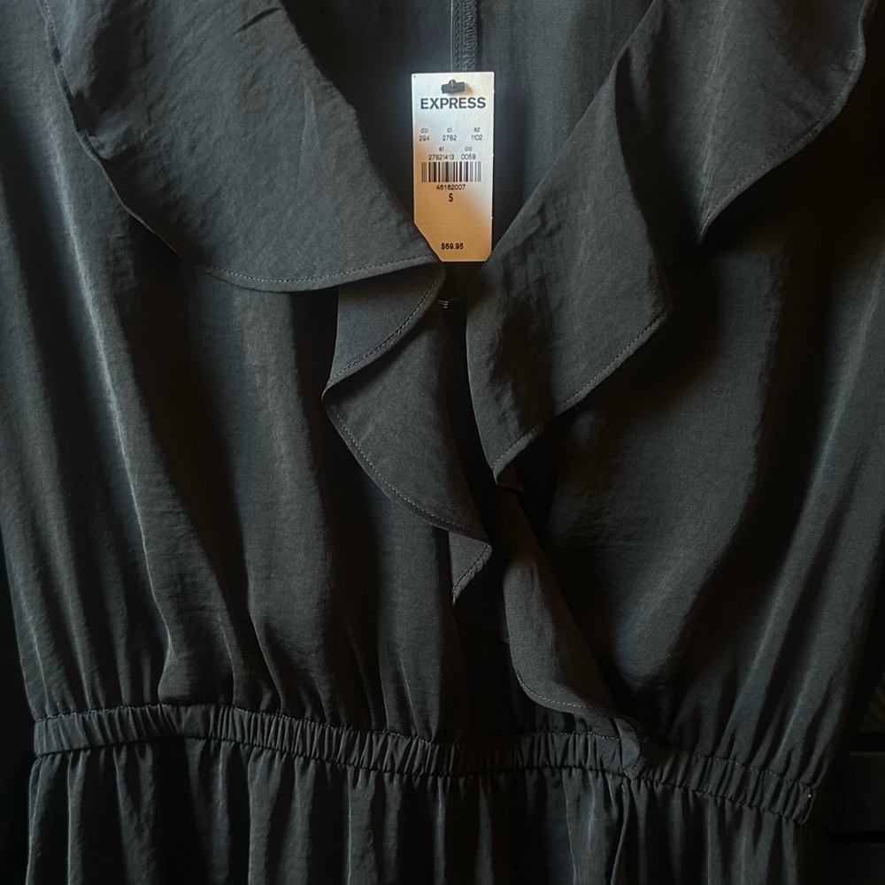 Express | Black Silky Long Sleeve Ruffle Dress S NWT COPY - Picture 9 of 17